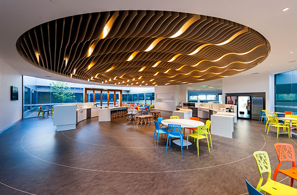 Examples of semi-exposed ceiling systems by Supawood
