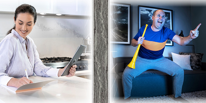 Young Women in kitchen with man watching game in loungeroom